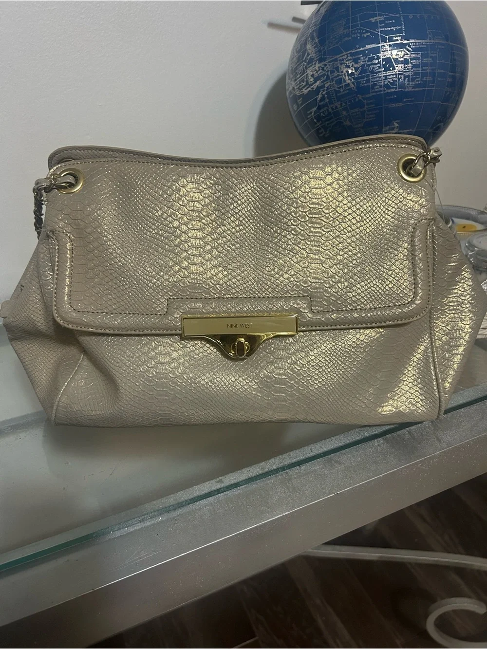 Nine West Metallic Champagne Snake-Embossed Shoulder Bag with Gold Hardware